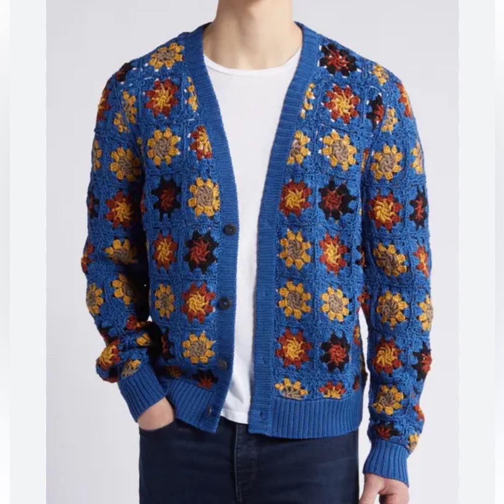 Corridor Blue Crochet V-Neck Cardigan in Medium